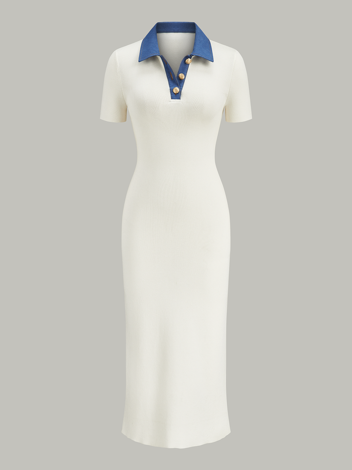 Denim-Kragen Geknöpfte Polo-Strick-Midikleid