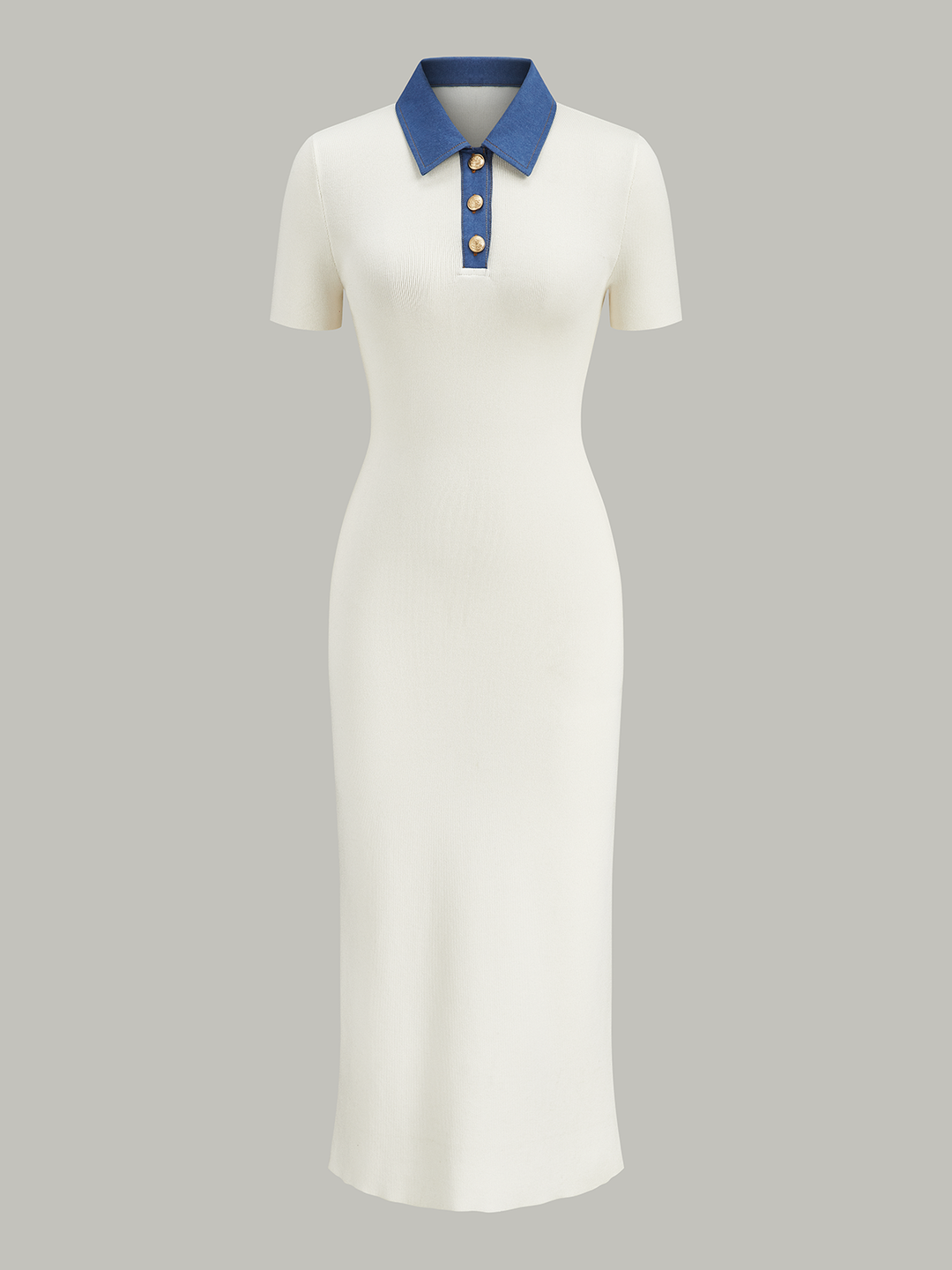 Denim-Kragen Geknöpfte Polo-Strick-Midikleid