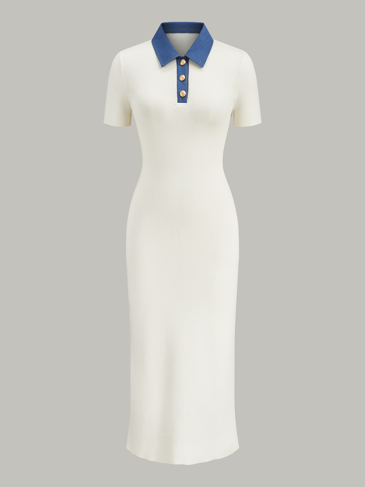 Denim-Kragen Geknöpfte Polo-Strick-Midikleid